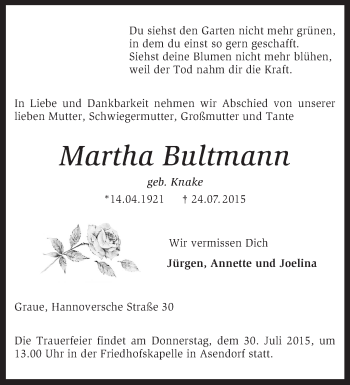 Traueranzeige von Martha Buhmann von KRZ