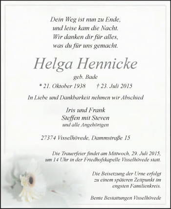 Traueranzeige von Helga Hennicke von KRZ