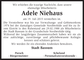 Traueranzeige von Adele Niehaus von KRZ