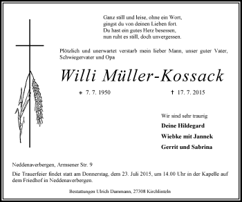 Traueranzeige von Willi Müller-Kossack von KRZ