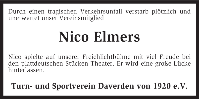  Traueranzeige für Nico Elmers vom 17.07.2015 aus KRZ