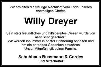 Traueranzeige von Willy Dreyer von KRZ