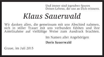 Traueranzeige von Klaus Sauerwald von KRZ