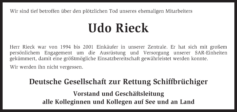  Traueranzeige für Udo Rieck vom 30.07.2015 aus KRZ