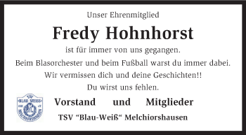 Traueranzeige von Fredy Hohnhorst von KRZ