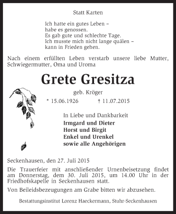 Traueranzeige von Grete Gresitza von KRZ