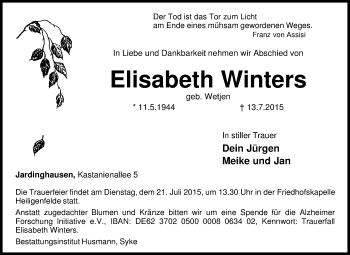 Traueranzeige von Elisabeth Winters von KRZ