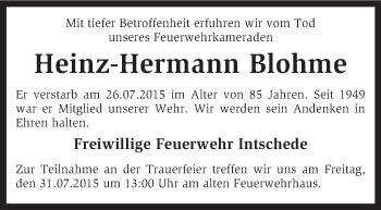 Traueranzeige von Heinz-Hermann Blohme von KRZ