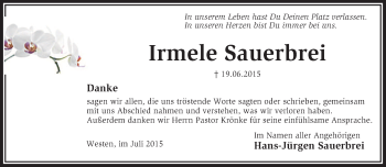 Traueranzeige von Irmele Sauerbrei von KRZ