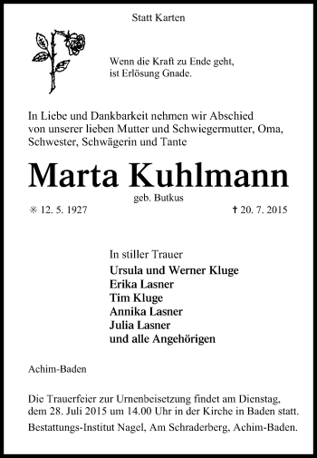 Traueranzeige von Marta Kuhlmann von KRZ