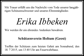 Traueranzeige von Erika Ibbeken von KRZ