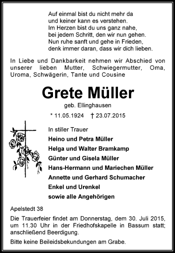 Traueranzeige von Grete Müller von KRZ