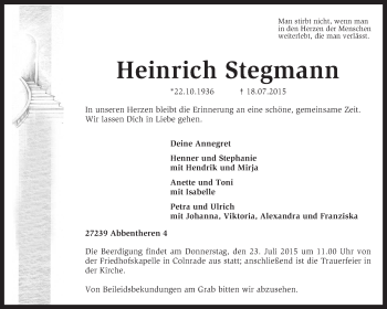 Traueranzeige von Heinrich Stegmann von KRZ