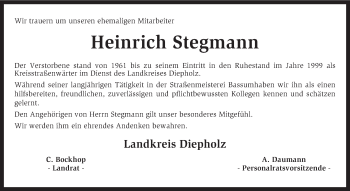 Traueranzeige von Heinrich Stegmann von KRZ