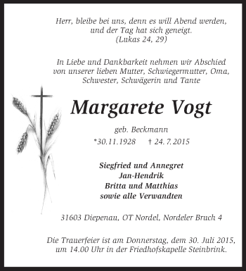 Traueranzeige von Margarete Vogt von KRZ