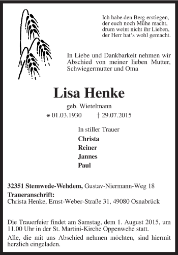 Traueranzeige von Lisa Henke von KRZ