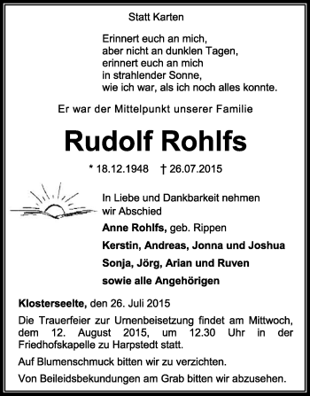 Traueranzeige von Rudolf Rohlfs von KRZ