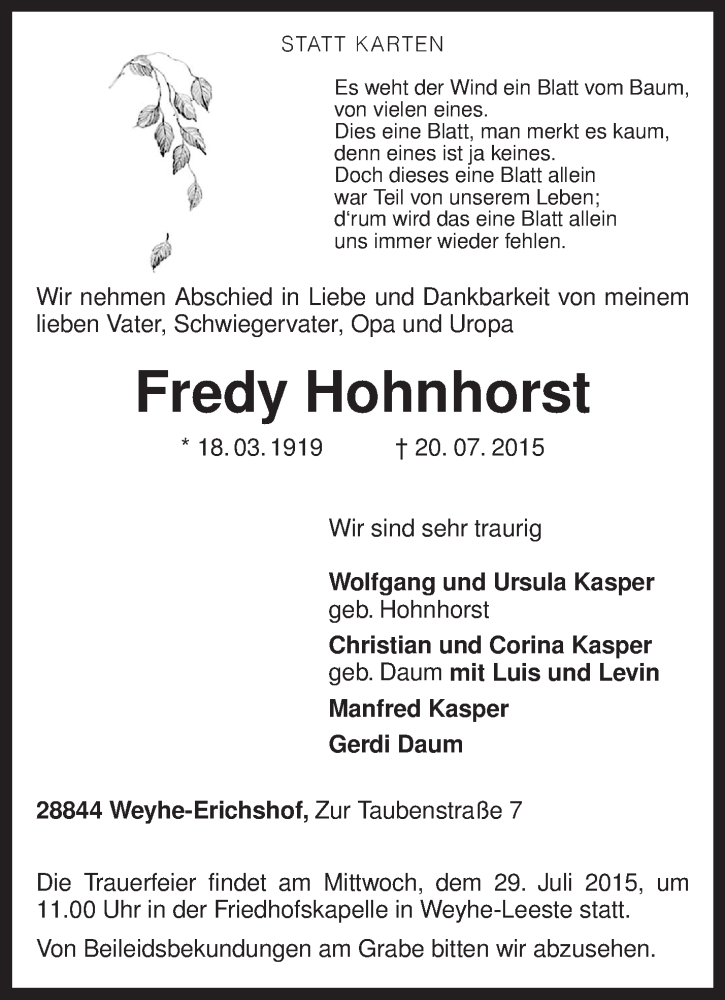  Traueranzeige für Fredy Hohnhorst vom 24.07.2015 aus KRZ