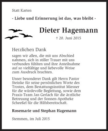 Traueranzeige von Dieter Hagemann von KRZ