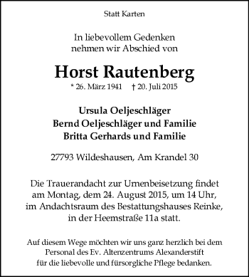 Traueranzeige von Horst Rautenberg von KRZ