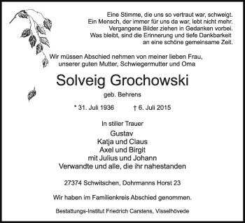 Traueranzeige von Solveig Grochowski von KRZ