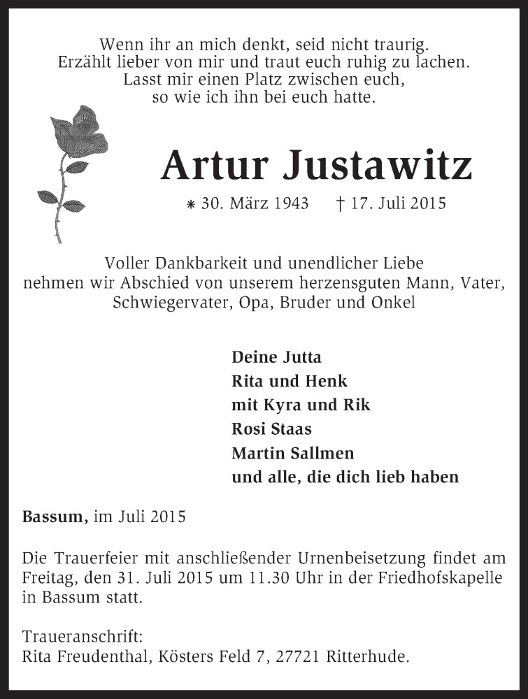  Traueranzeige für Artur Justawitz vom 25.07.2015 aus KRZ