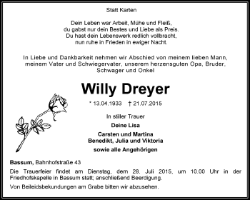 Traueranzeige von Willy Dreyer von KRZ