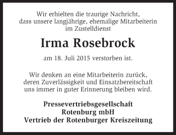 Traueranzeige von Irma Rosebrock von KRZ