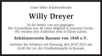 Traueranzeige von Willy Dreyer von KRZ