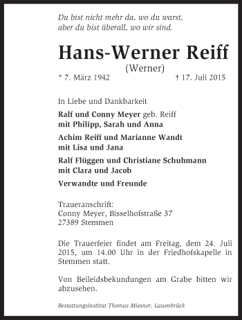 Traueranzeige von Hans-Werner Reiff von KRZ