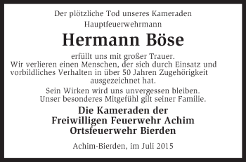 Traueranzeige von Hermann Böse von KRZ