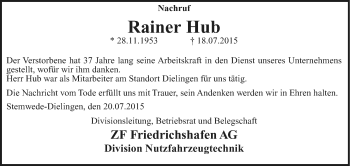 Traueranzeige von Rainer Hub von KRZ