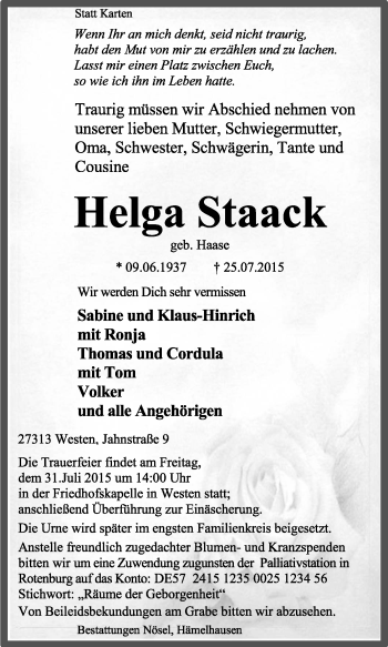 Traueranzeige von Helga Staack von KRZ