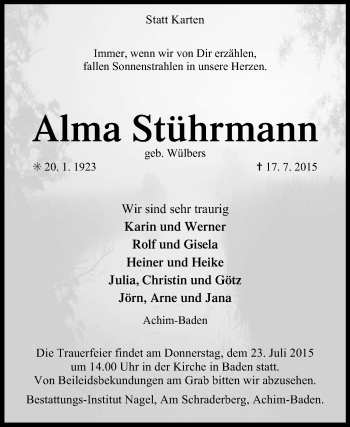 Traueranzeige von Alma Stührmann von KRZ