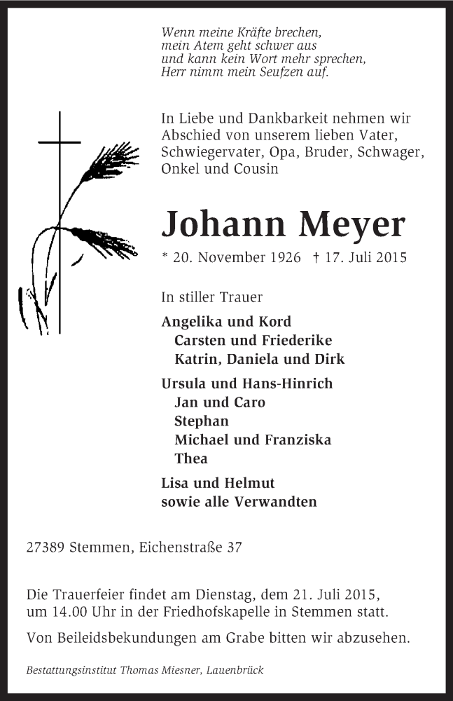  Traueranzeige für Johann Meyer vom 20.07.2015 aus KRZ