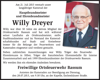 Traueranzeige von Willy Dreyer von KRZ