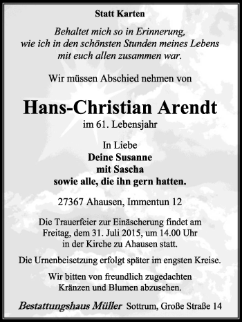 Traueranzeige von Hans-Christian Arendt von KRZ