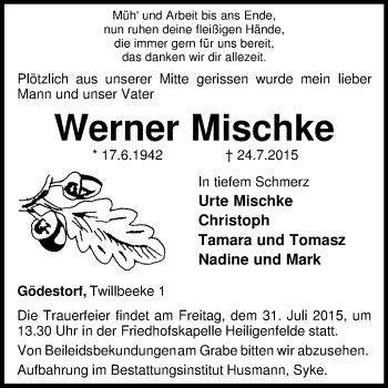 Traueranzeige von Werner Mischke von KRZ