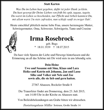 Traueranzeige von Irma Rosebrock von KRZ