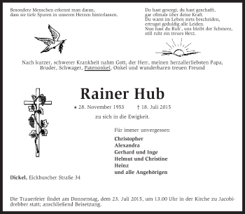 Traueranzeige von Rainer Hub von KRZ