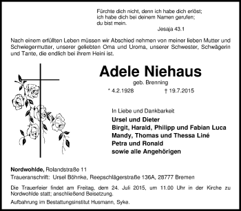 Traueranzeige von Adele Niehaus von KRZ