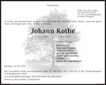 Traueranzeige von Johann Koth von KRZ