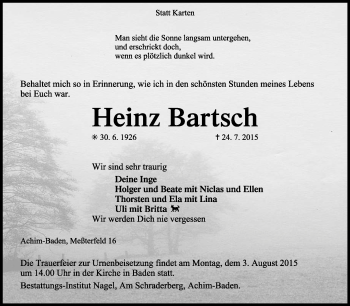 Traueranzeige von Heinz Bartsch von KRZ