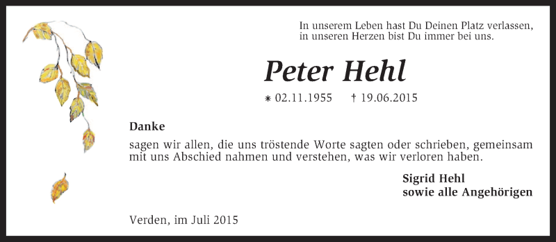  Traueranzeige für Peter Hehl vom 18.07.2015 aus KRZ