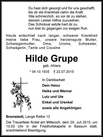 Traueranzeige von Hilde Grupe von KRZ