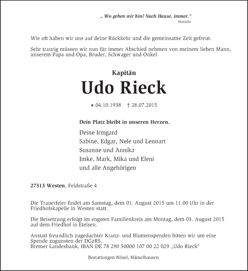  Traueranzeige für Udo Rieck vom 30.07.2015 aus KRZ