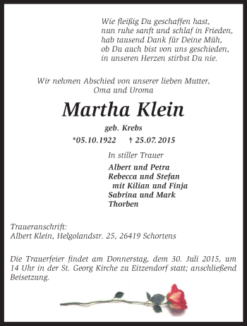 Traueranzeige von Martha Klein von KRZ