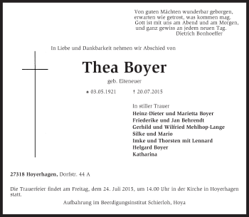 Traueranzeige von Thea Boyer von KRZ