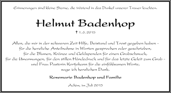 Traueranzeige von Helmut Badenhop von KRZ