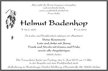 Traueranzeige von Helmut Badenhop von KRZ